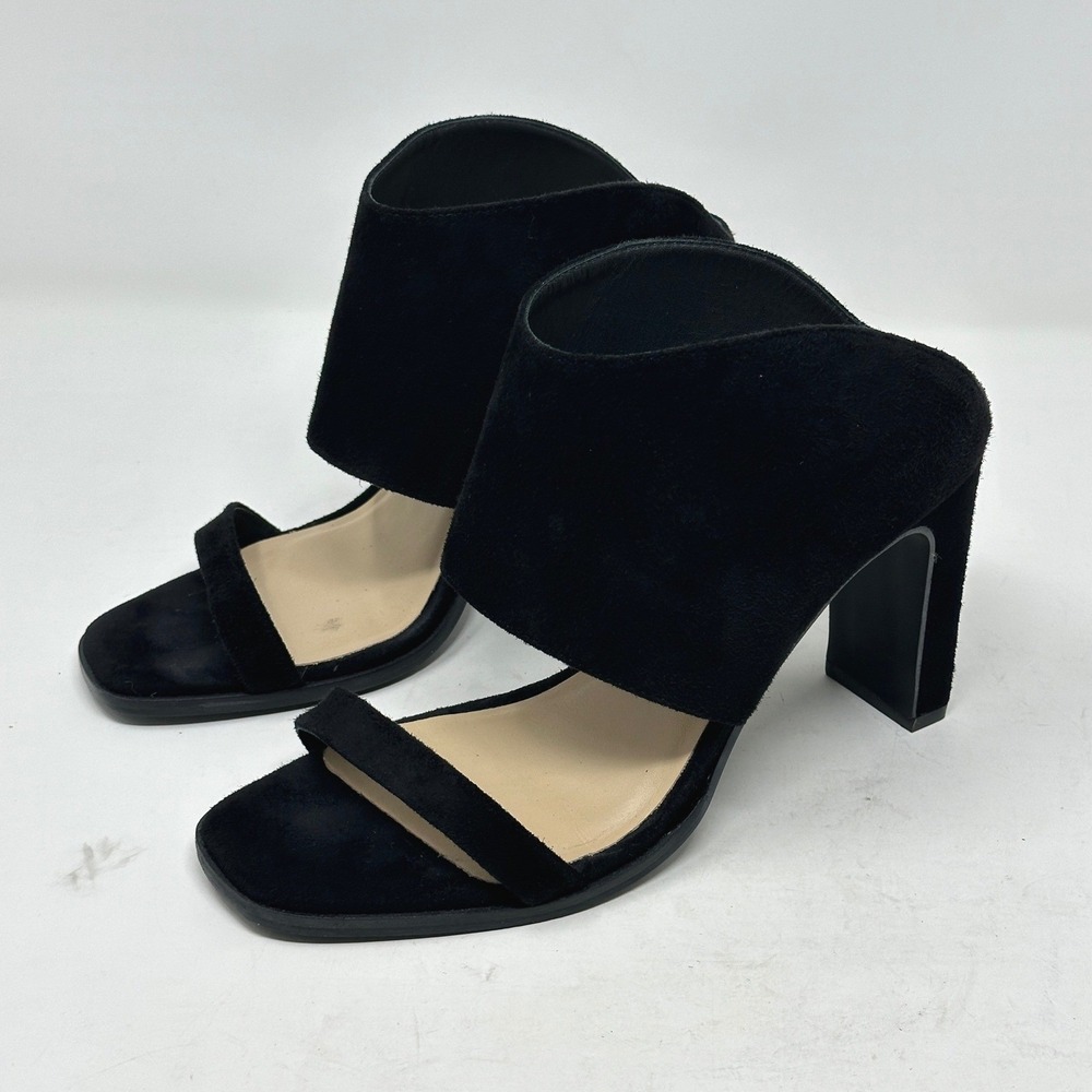 42 Gold Womens Shoes 7 Black Suede Block Heel Mule Slip On Sandals Modern Chic